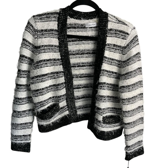 Calvin Klein Sweaters - Calvin Klein Black & White Bouclé Striped Open Front Cardigan Sweater – Size S